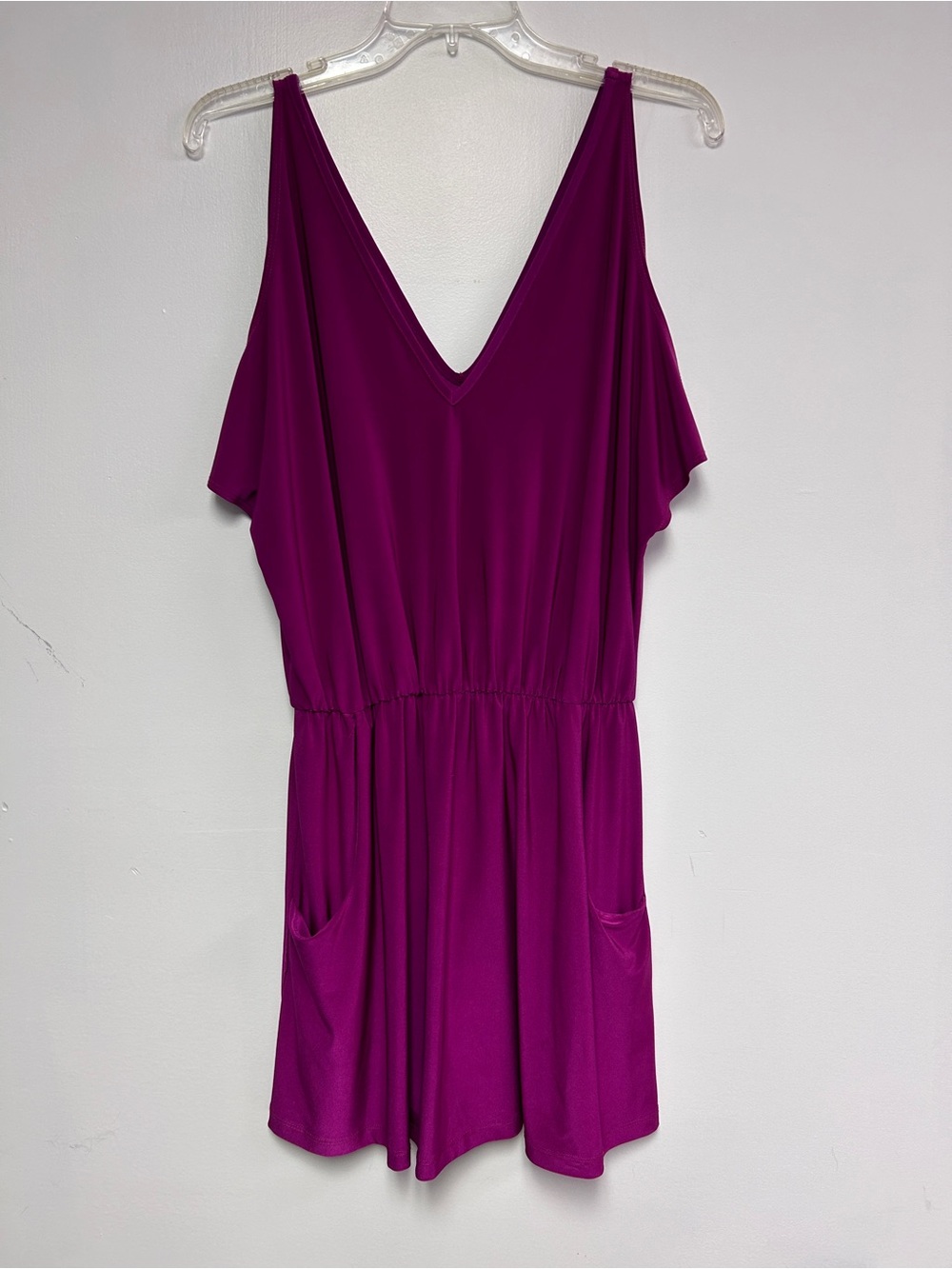 Fuchsia V-Neck Dress Cold Shoulder with Pockets